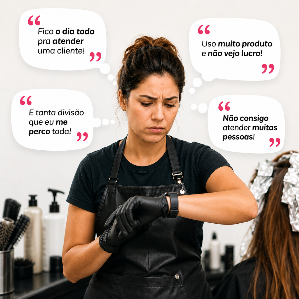 Cabeleireira cansada olhando o relógio com balões de fala: fico o dia todo pra atender uma cliente, uso muito produto e não vejo lucro, é tanta divisão que eu me perco toda, não consigo atender muitas pessoas.